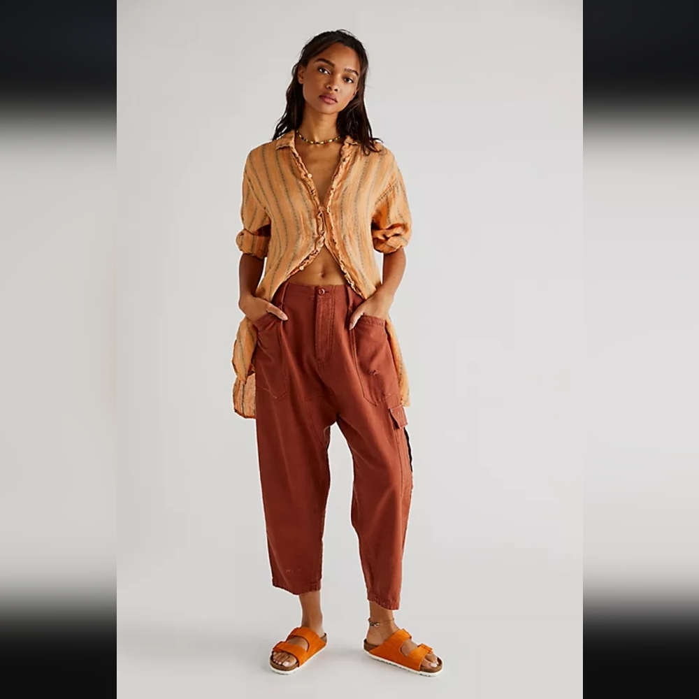 Free People Small Rust Orange Distressed Baggy Pants Womens Buttons Barrel Loose